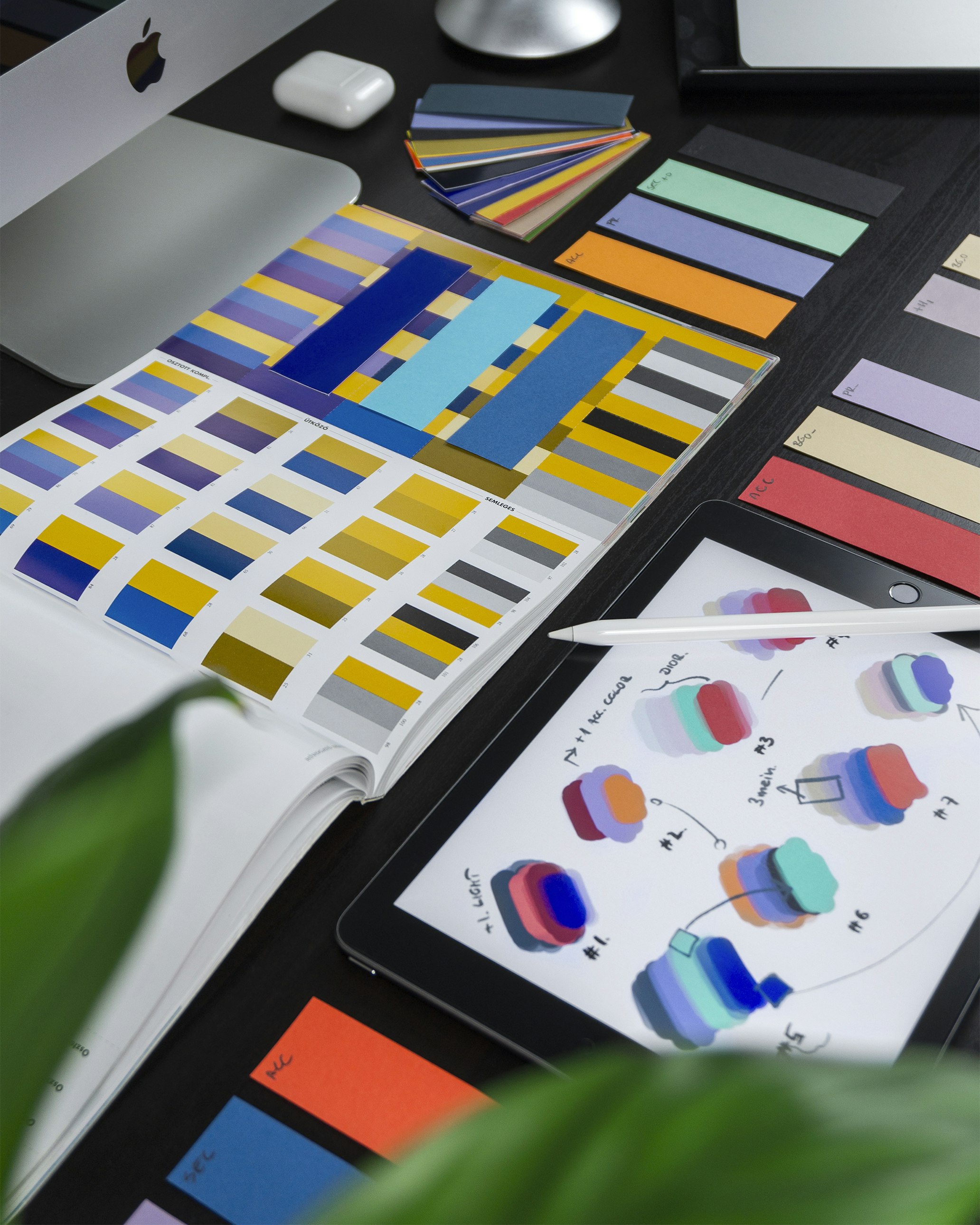 Color swatches and design materials for UX and UI work